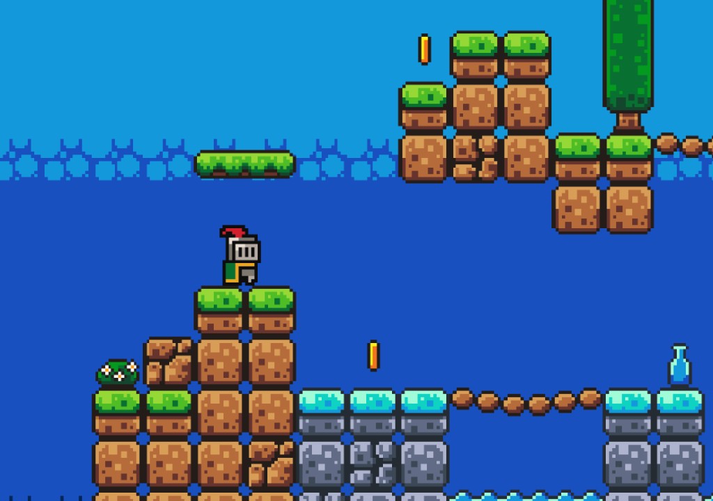 Dragon Fighter gameplay: a knight on grass platforms collecting coins