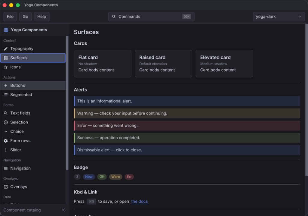 Yoga component catalog: cards, alerts, badges, and links